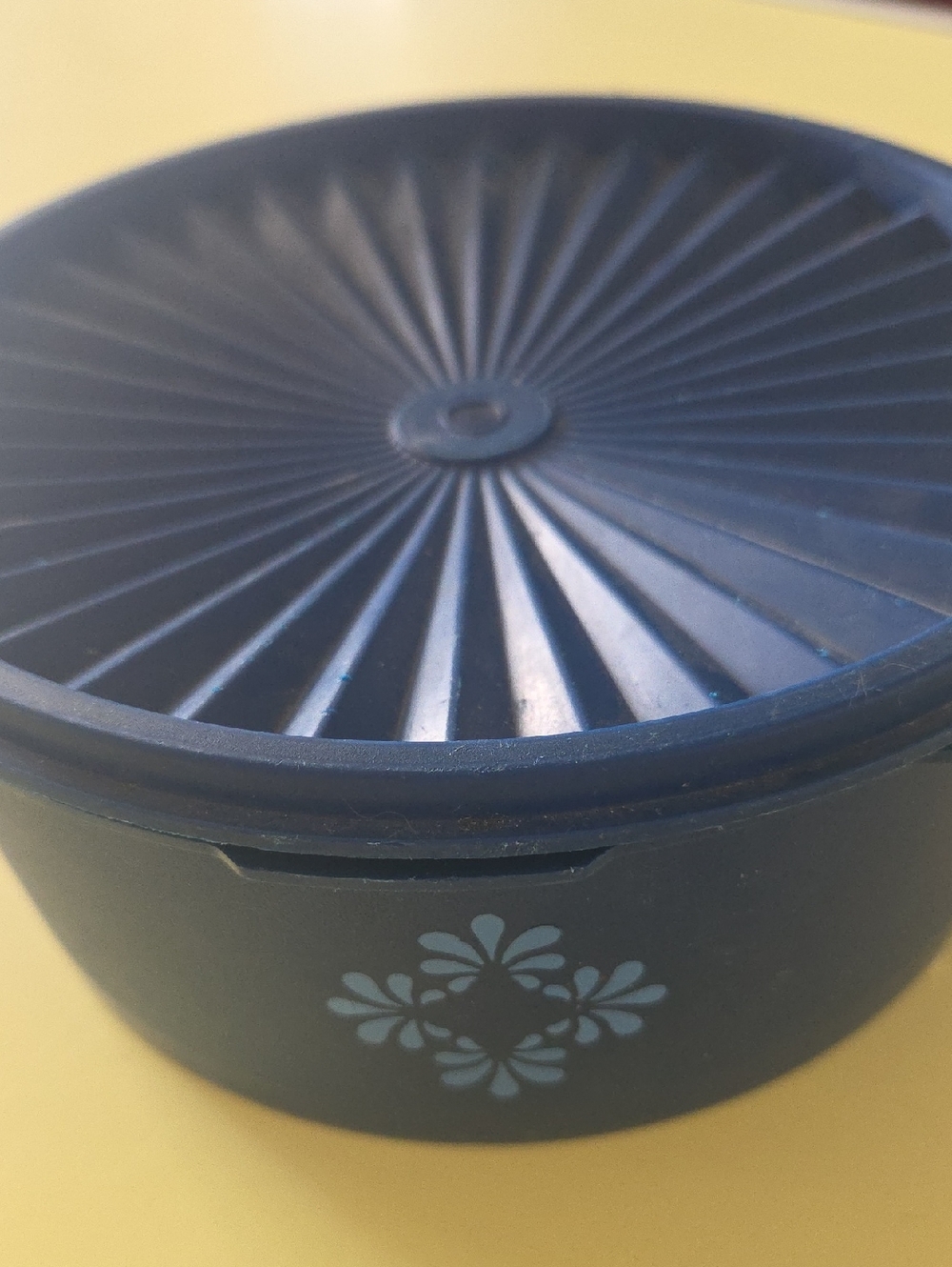 Vintage Blue Round Tupperware Plastic Servalier Container